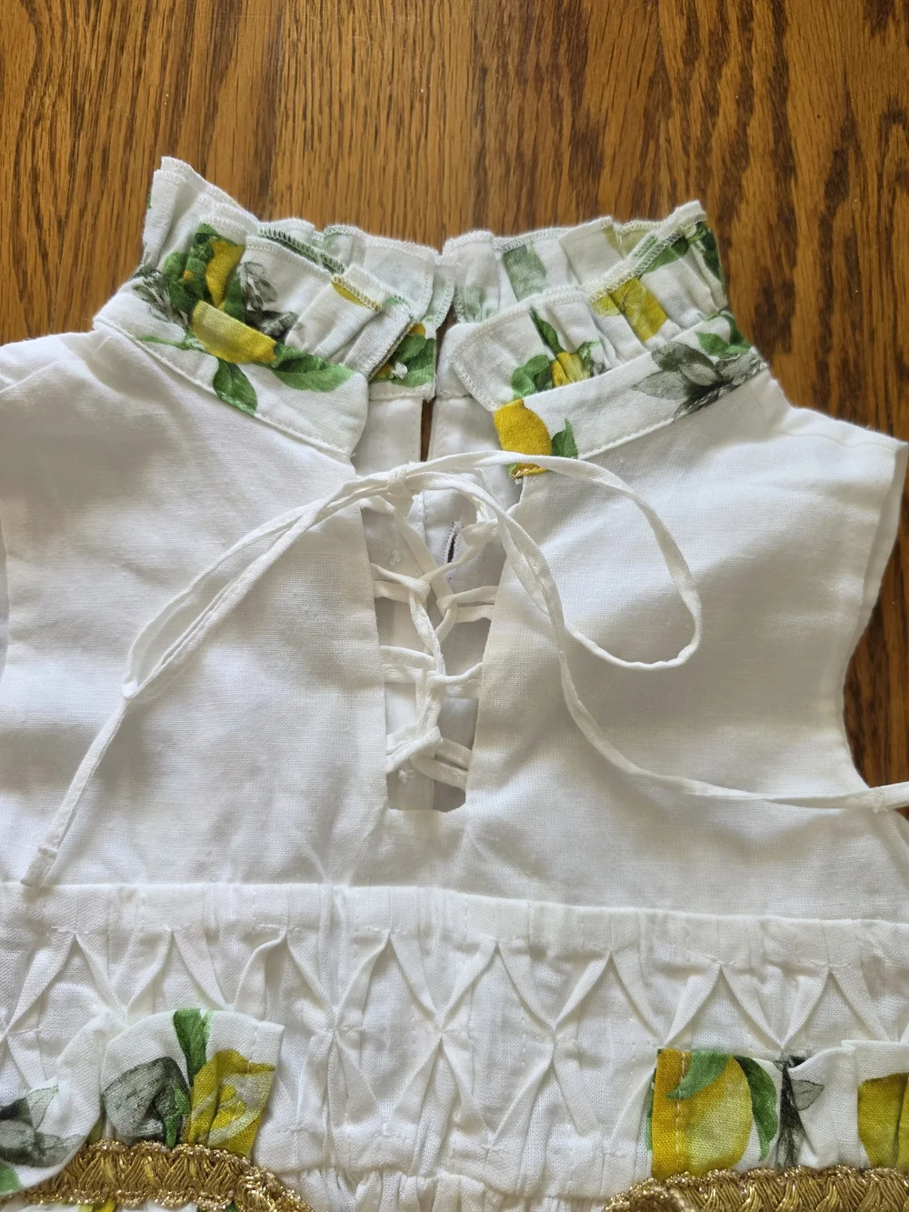 White Lemon-Print Baby Dress Romper with Gold Accent